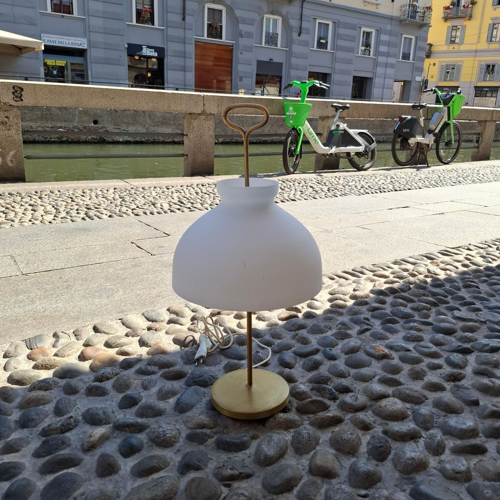 photo for sale Azucena Ignazio Gardella Table Lamp Brass Opaline Glass, 1950, Italy
