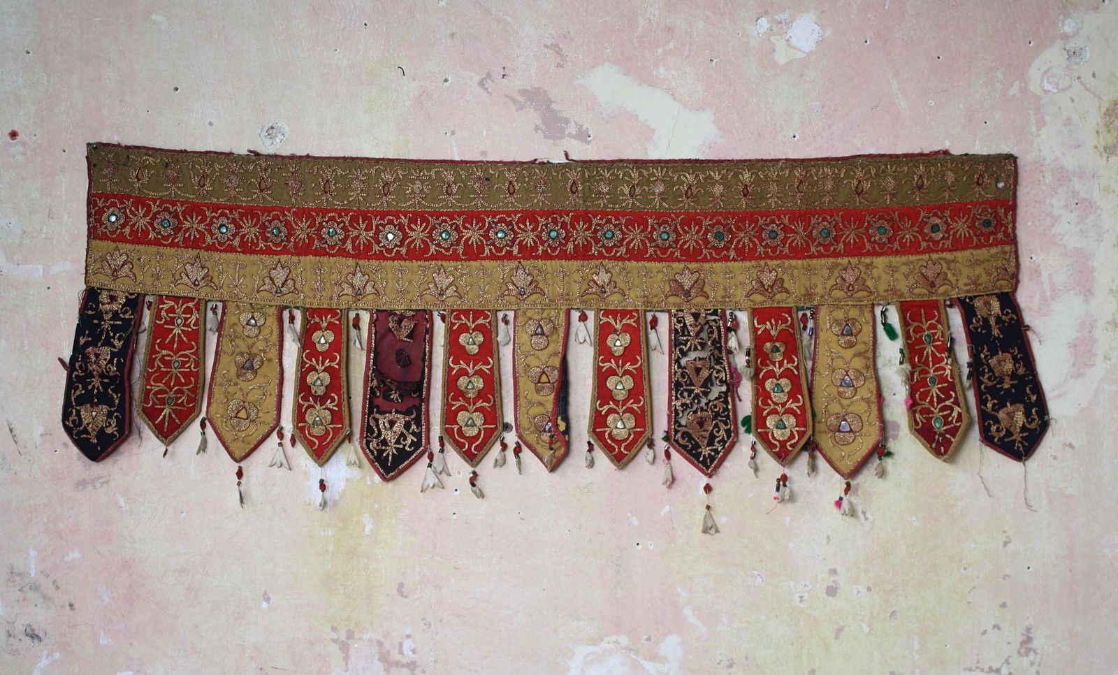 Pair Of Early 20th C Afghan Bejewelled & Gold Thread Embroidered Door Pelmets photo for sale