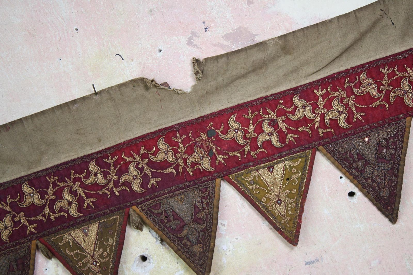 606.0 Pair Of Early 20th C Afghan Bejewelled & Gold Thread Embroidered Door Pelmets photo