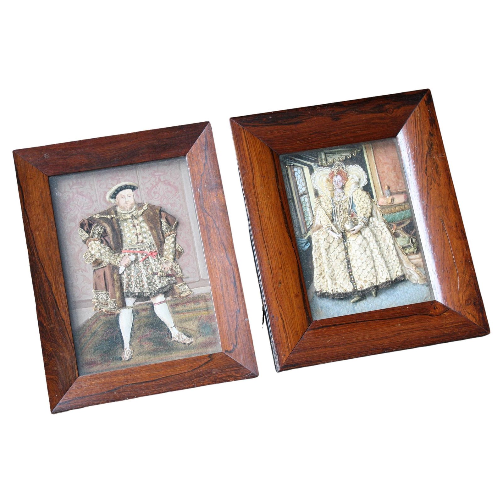 Early 20th Century Folk Art Appliqué Collages Henry VII & Queen Elizabeth 1st