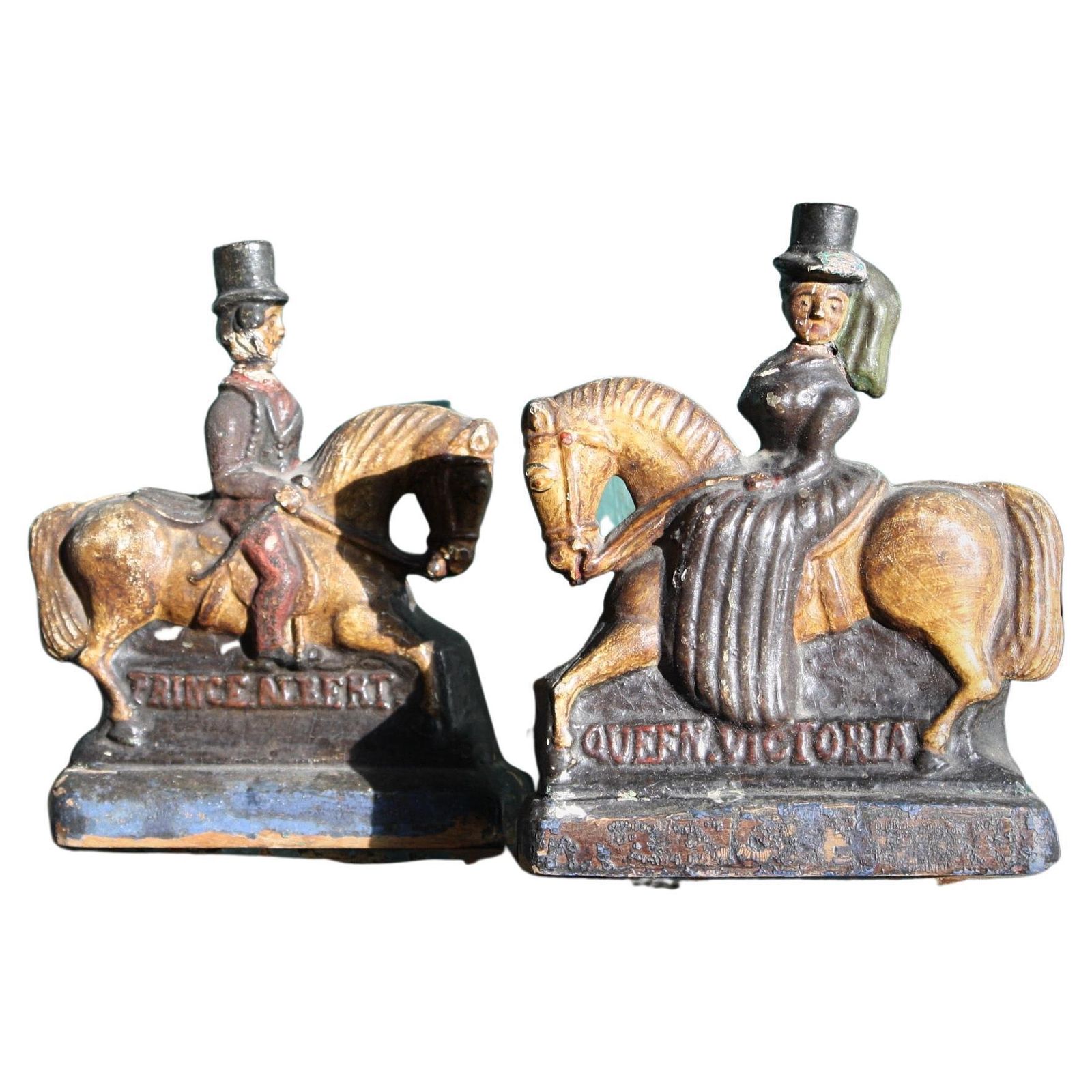 Circa 1850 Folk Art Carvings Of Queen Victoria & Prince Albert On Horseback