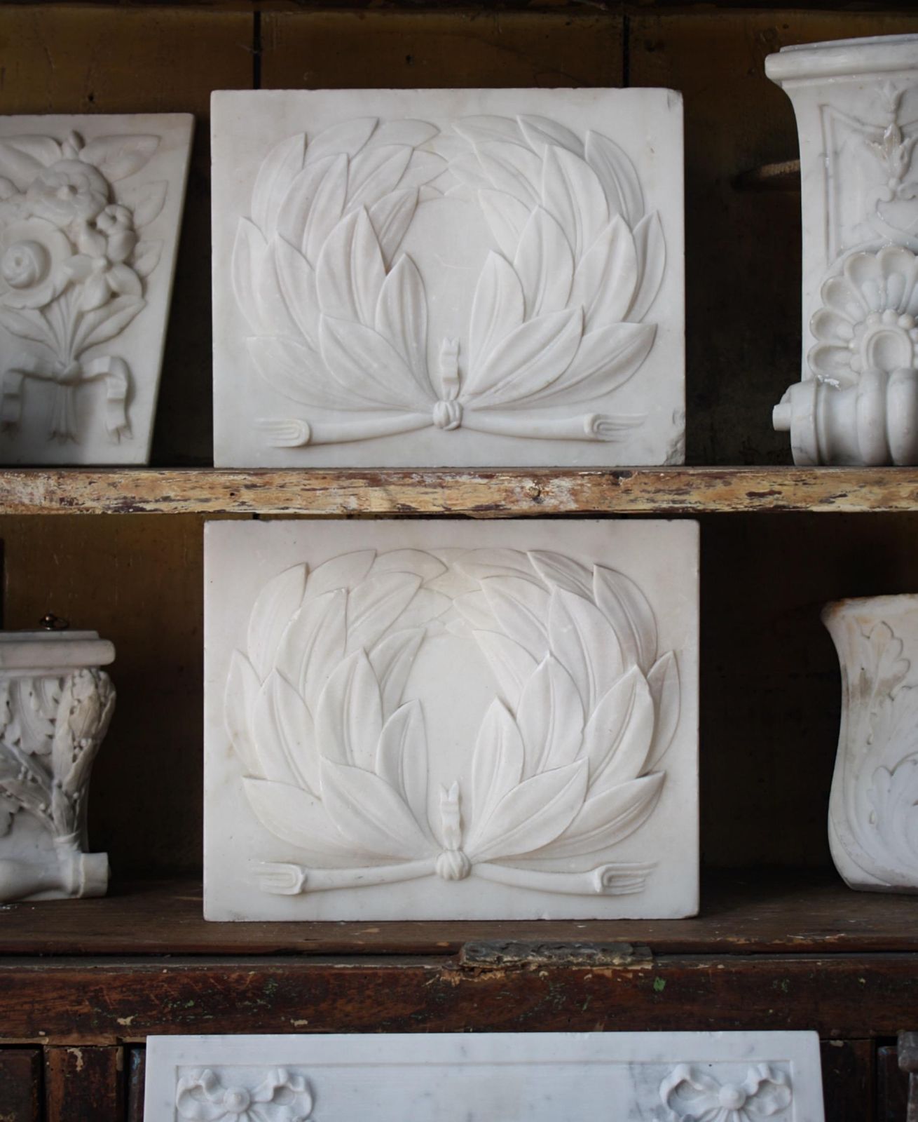 18th C Pair Of Carved Marble Tablets Greek Laurel Wreaths Architectural Elements photo furniture