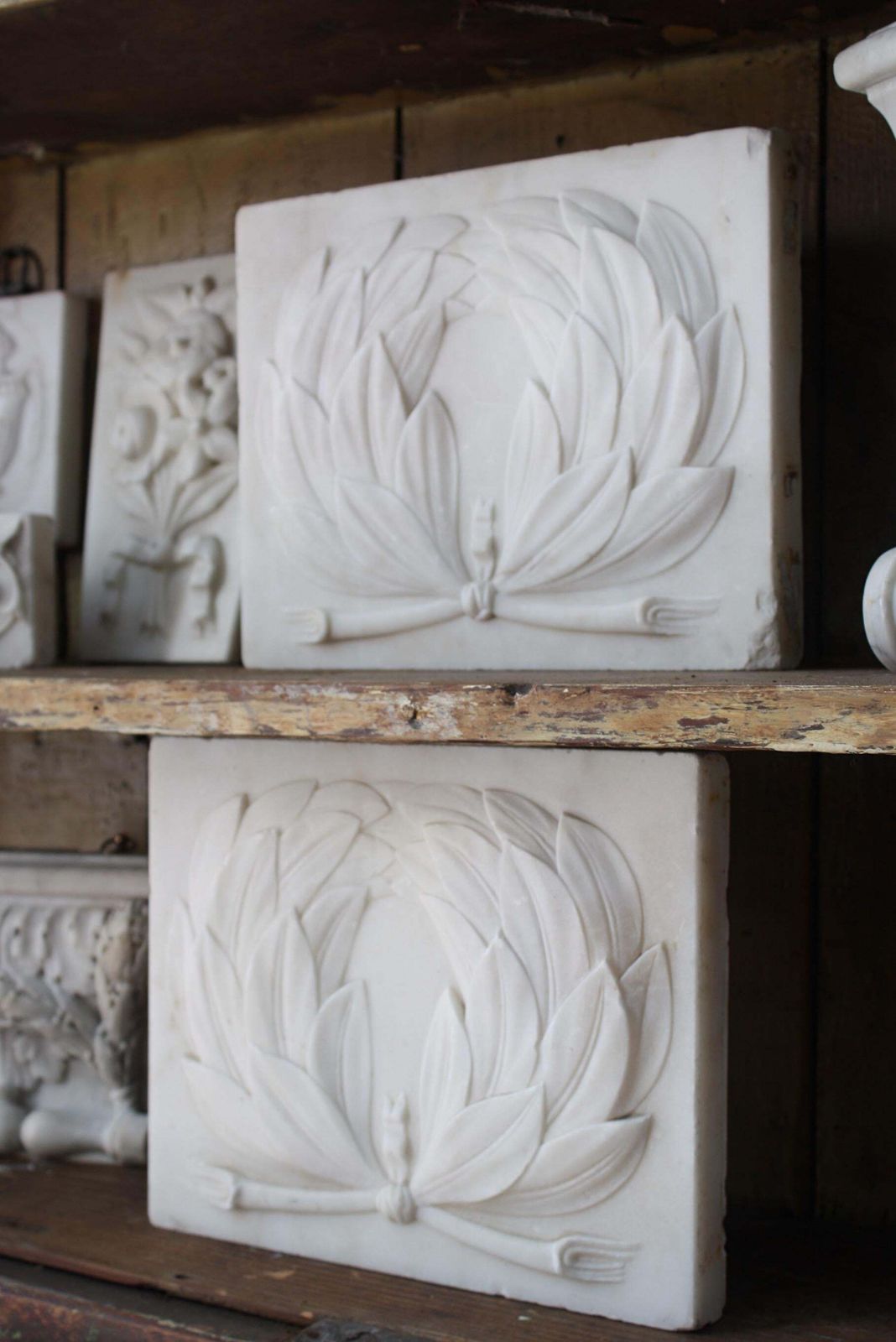 18th C Pair Of Carved Marble Tablets Greek Laurel Wreaths Architectural Elements photo for sale