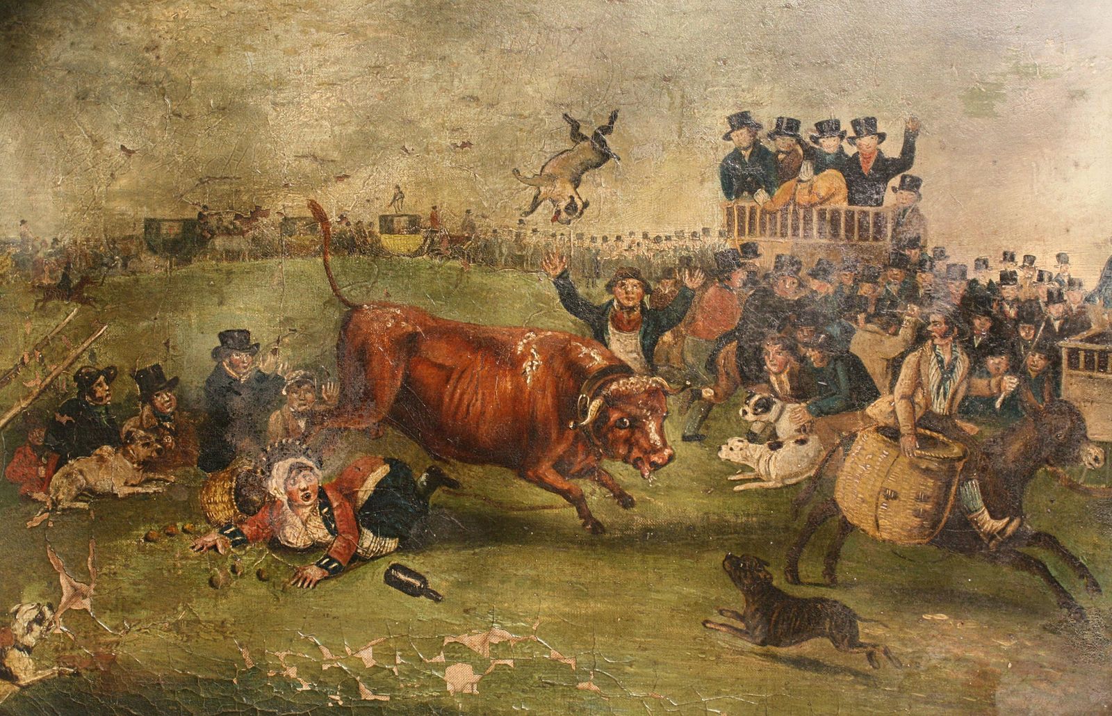 Late Naive English School "Bull Broke Loose" Bull Baiting Oil On Canvas photo furniture