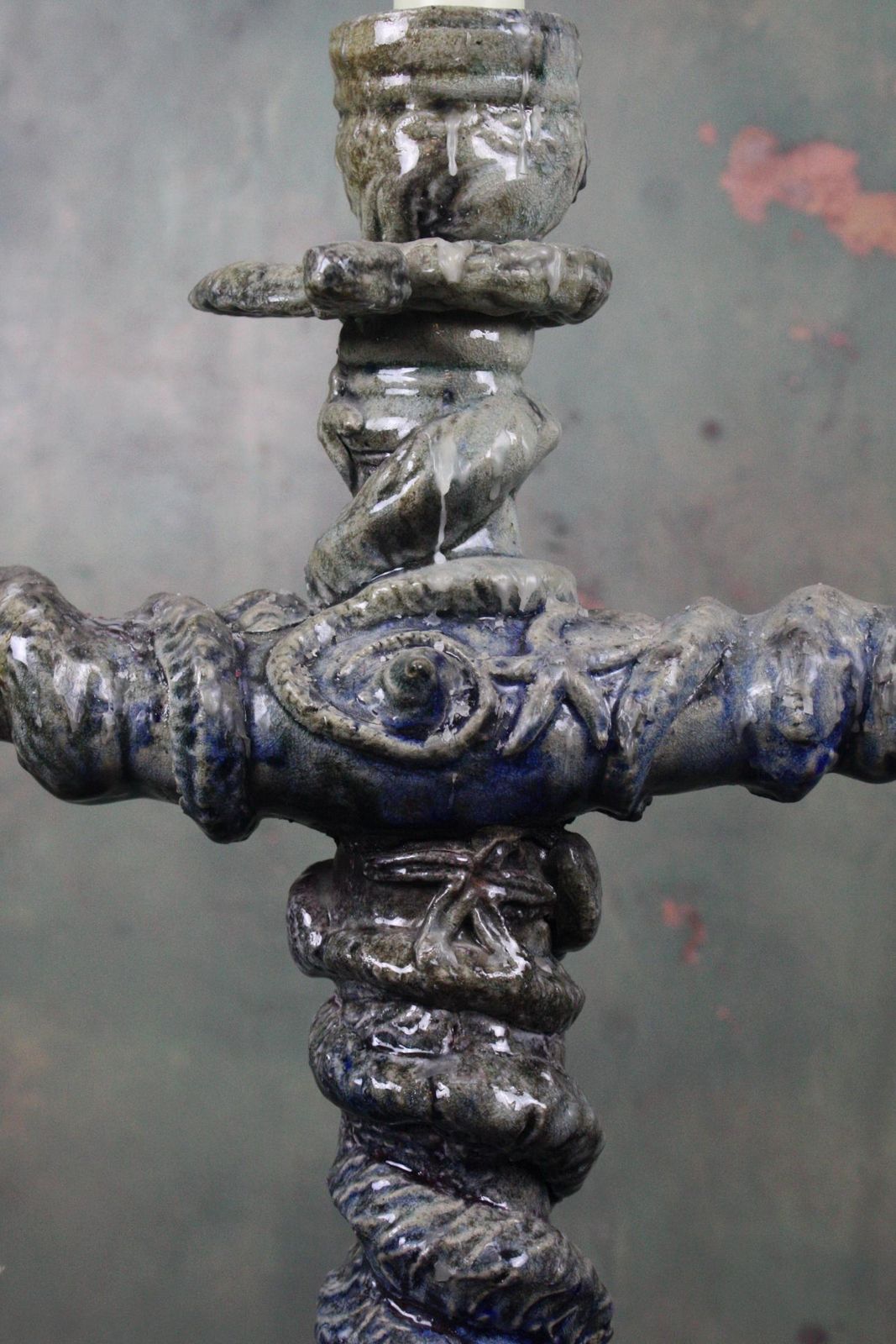 20th Century Huge Ceramic Candelabra In The Manner Of Palissy Serpents Lizards photo Home Decor