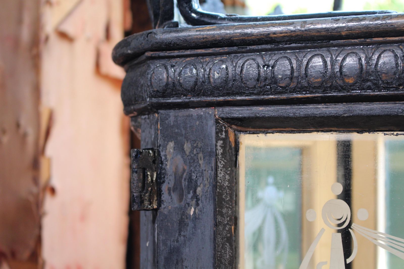 photo vintage 19th Century Infants Coffin Casket, Carved Wood, Etched Glass, Memento Mori