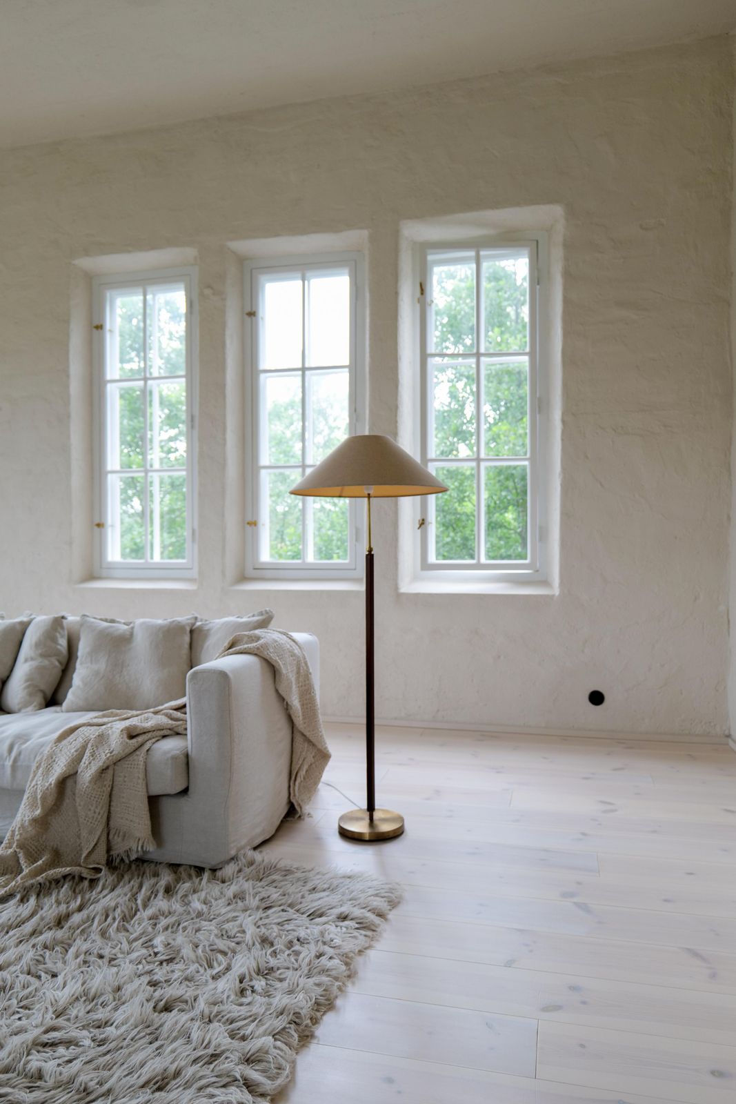 Mid Century Brass Brown Leather Floor Lamp Falkenbergs Belysning, Sweden, 1960s photo for sale