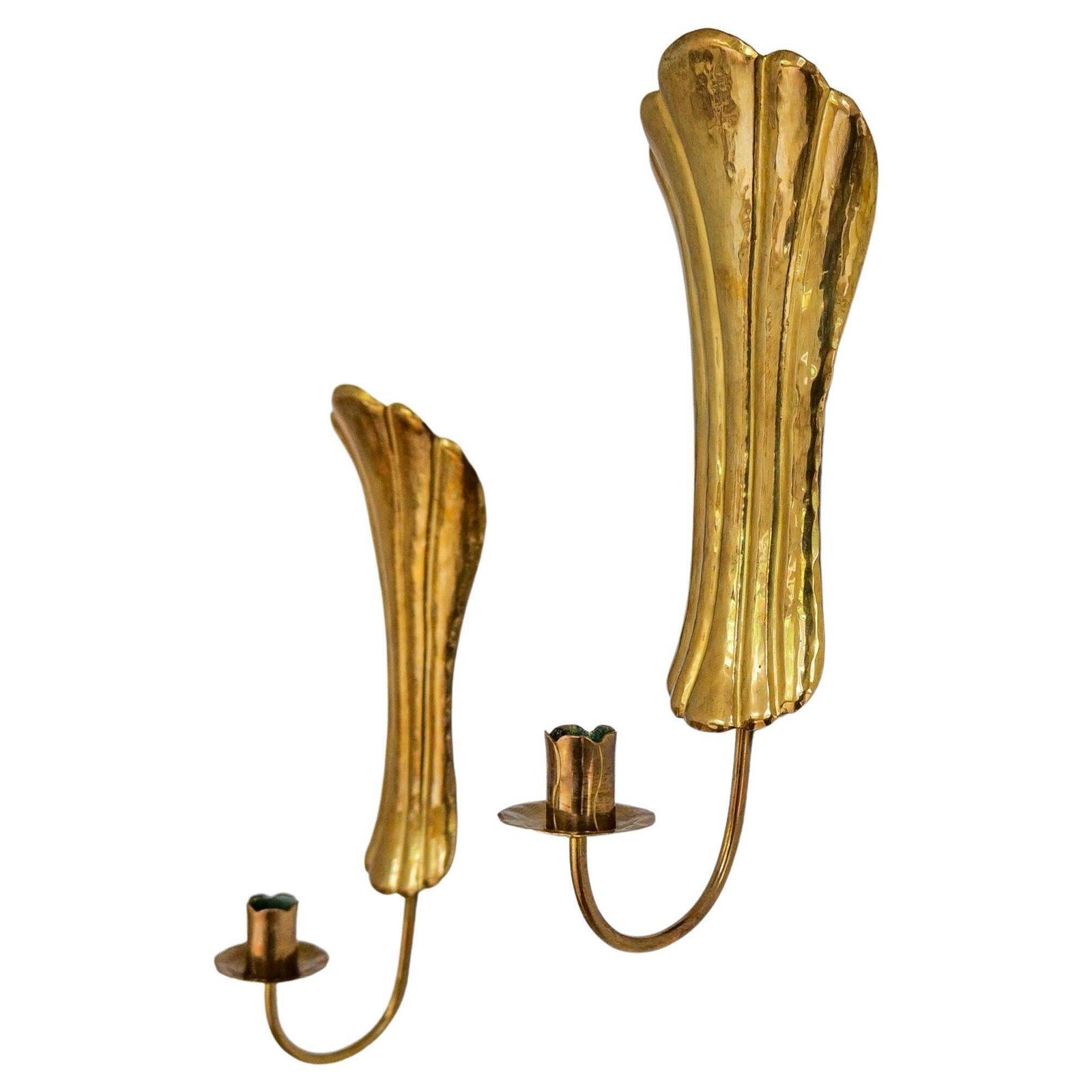 Art Deco Pair Of Brass Wall Candlesticks, Sweden, 1950s