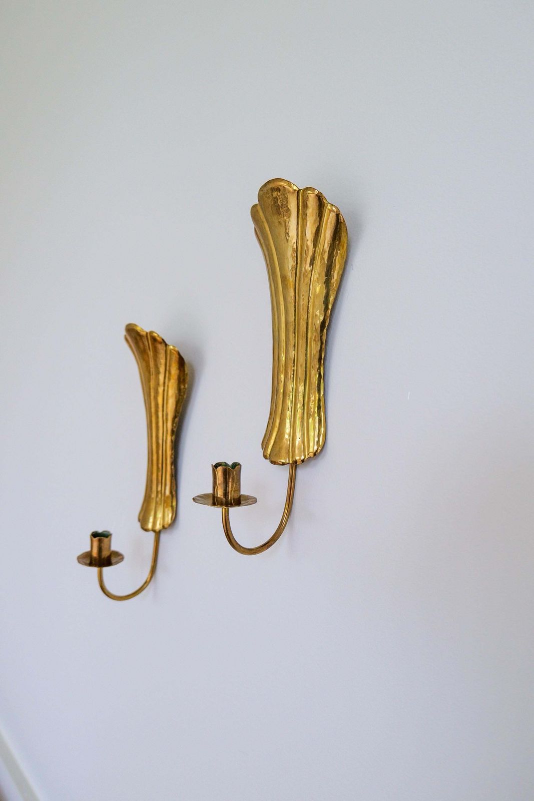 Art Deco Pair Of Brass Wall Candlesticks, Sweden, 1950s photo for sale