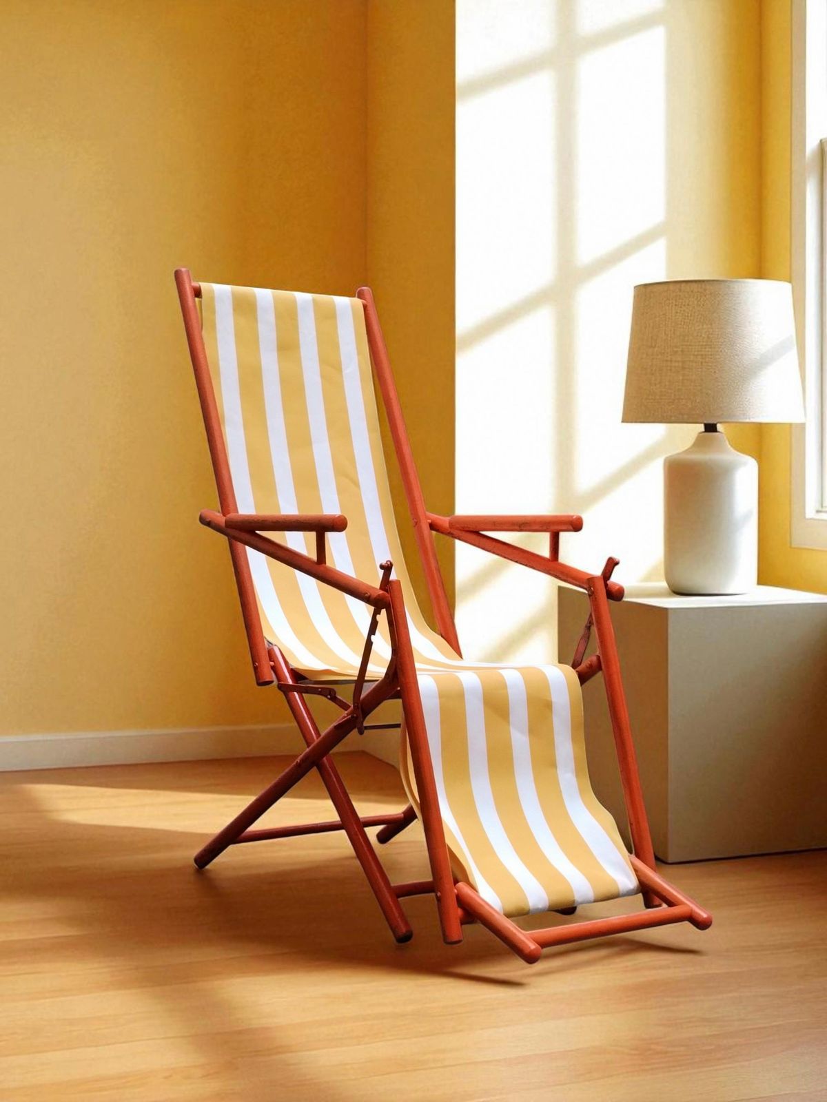 Folding Deck Chair In Stained Wood And Fabric, Italy 1930s photo vintage