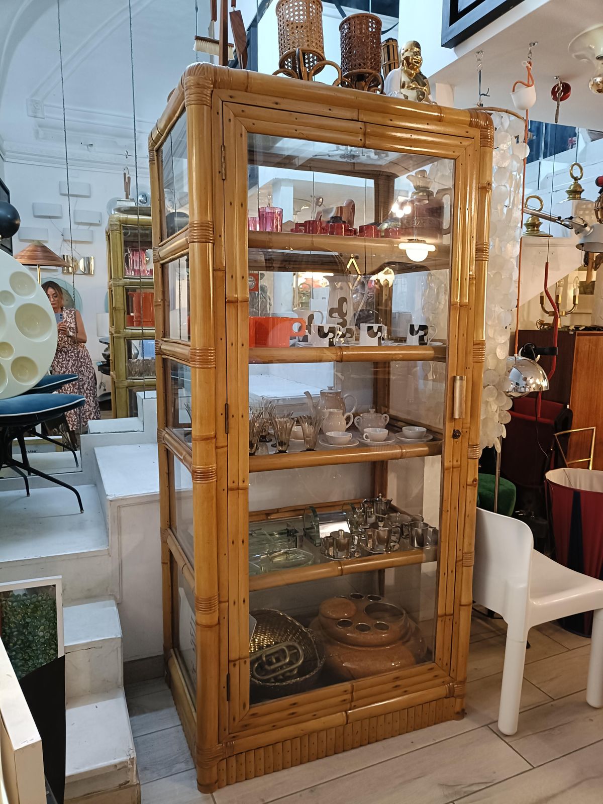 Elegant Manau And Bambu Showcase With Glass Shelves, Italy 1970s photo furniture