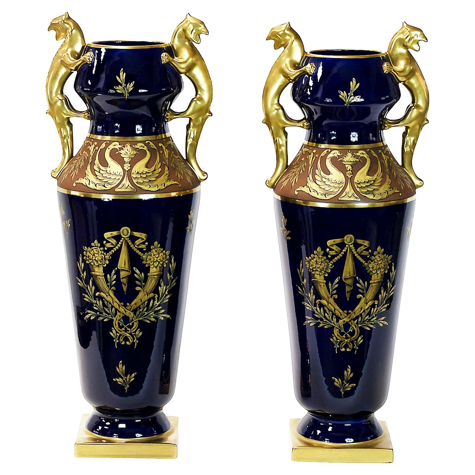 Pair Of Large French Porcelain Cobalt Blue Vases By Maurice Pinon