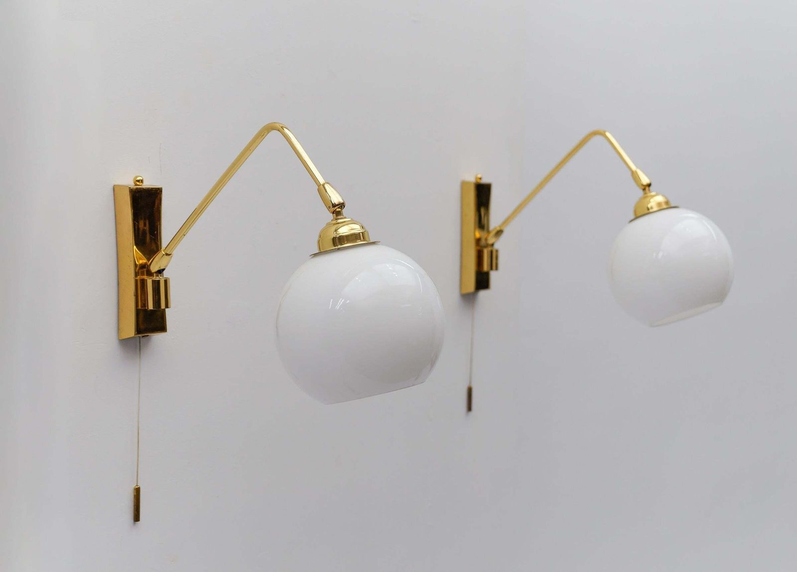 Pair Of Lovely Mid Century Modern Wall Lamps In Brass And Milk Glass, 1960s photo furniture