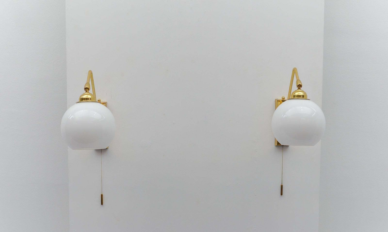 Lighting Pair Of Lovely Mid Century Modern Wall Lamps In Brass And Milk Glass, 1960s photo