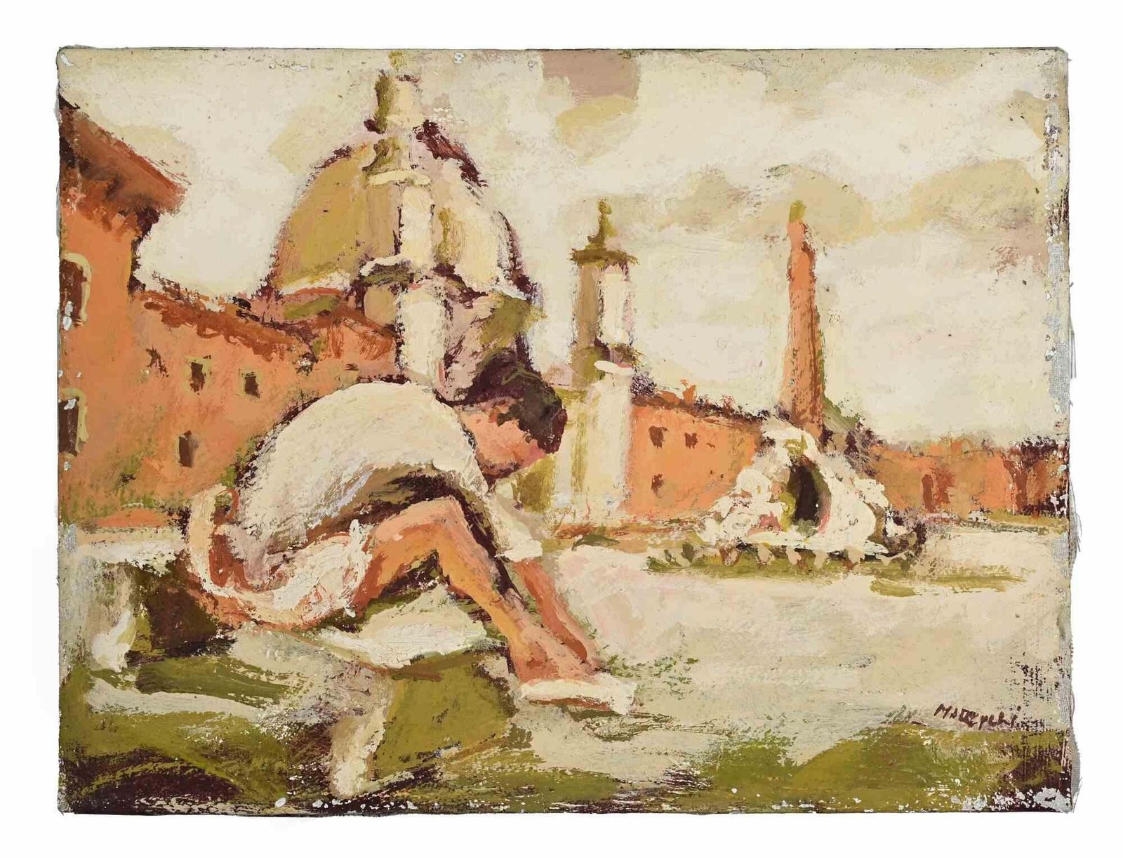 Franco Marzilliballerina In Piazza Navona   Oil Painting By Franco Marzilli   1970s1970s photo furniture