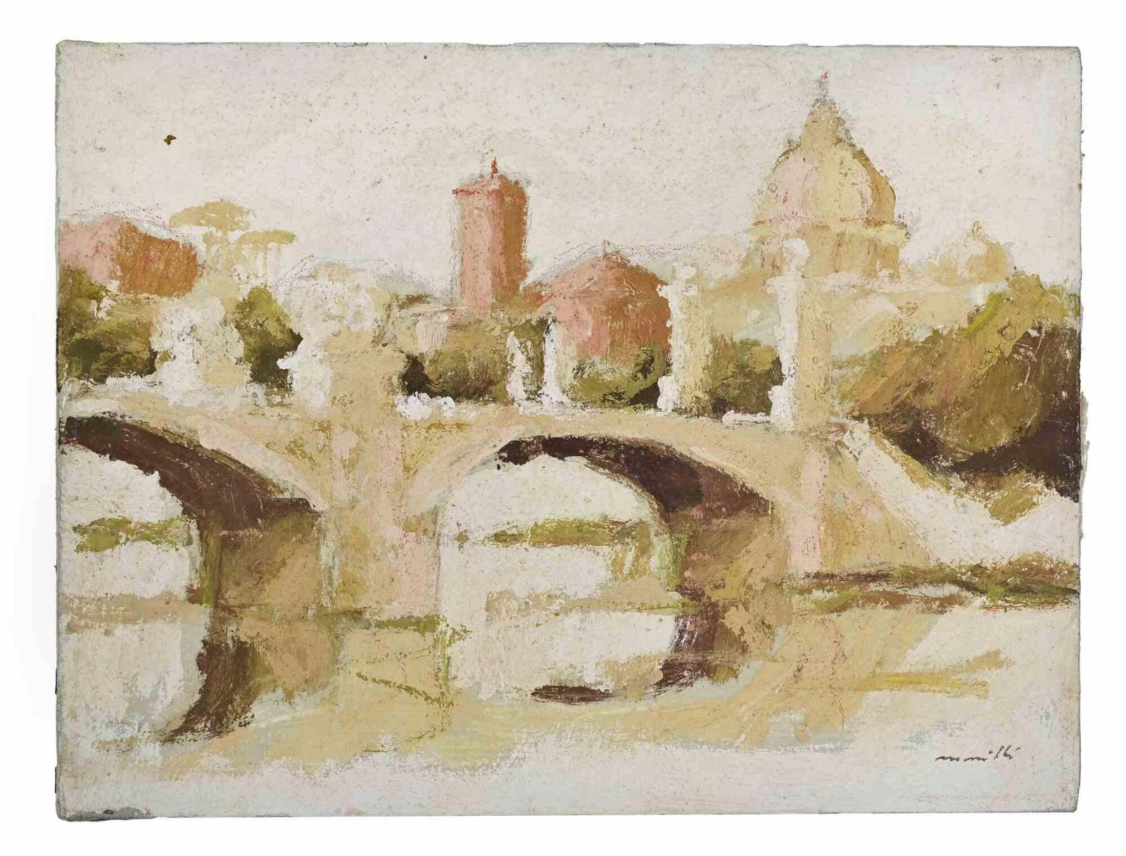 Franco Marzillibridge In Rome   Oil Painting By Franco Marzilli   1970s1970s photo furniture