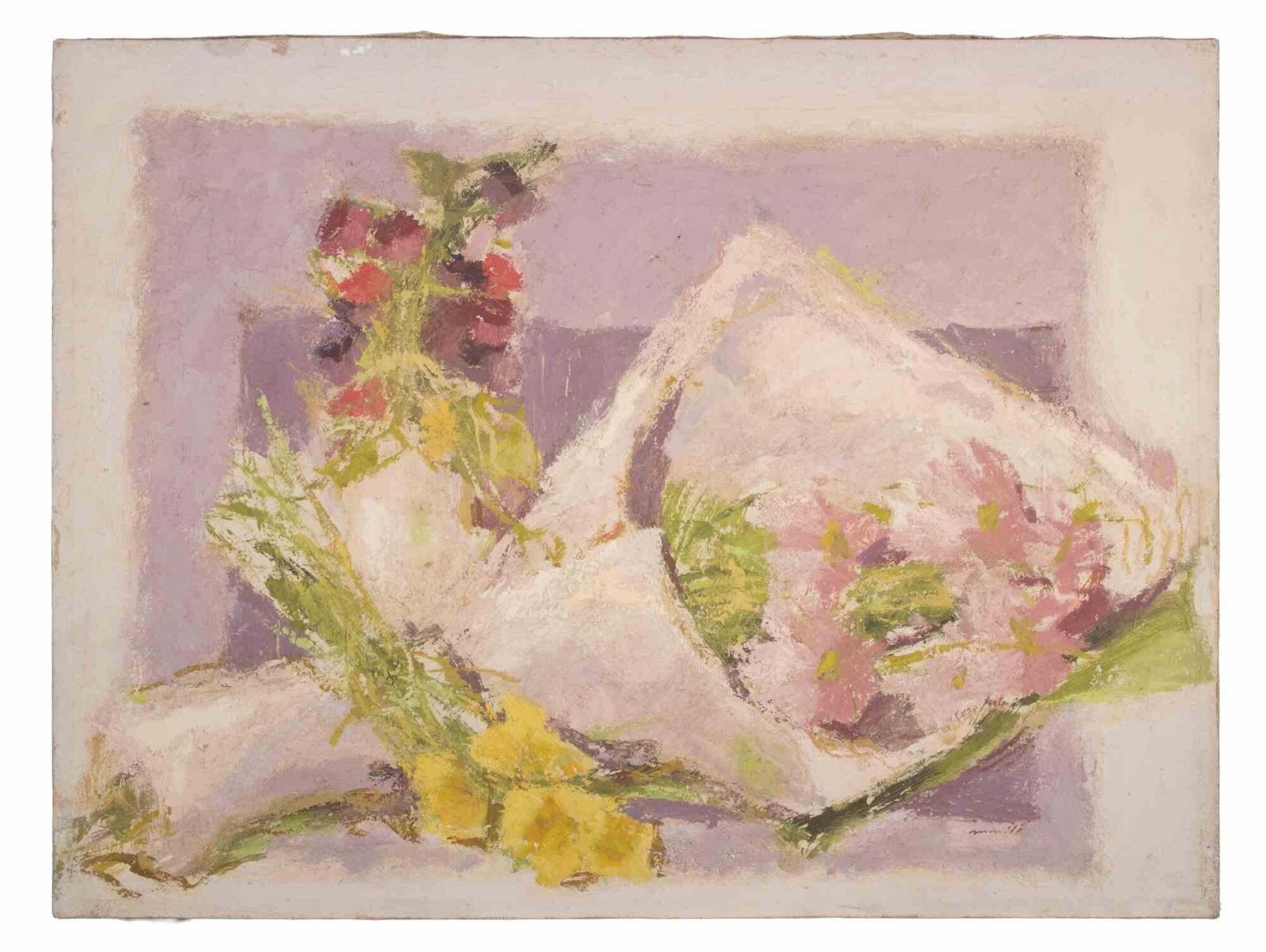 Franco Marzillistill Life With Bouquets Of Flowers   Oil Painting By Franco Marzilli   1970s1970s photo furniture