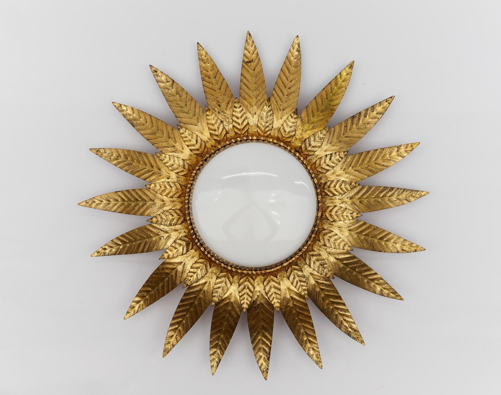 Rare Mid Century Modern Sunburst Ceiling Lamp In Metal And Milk Glass 1960 Italy photo furniture