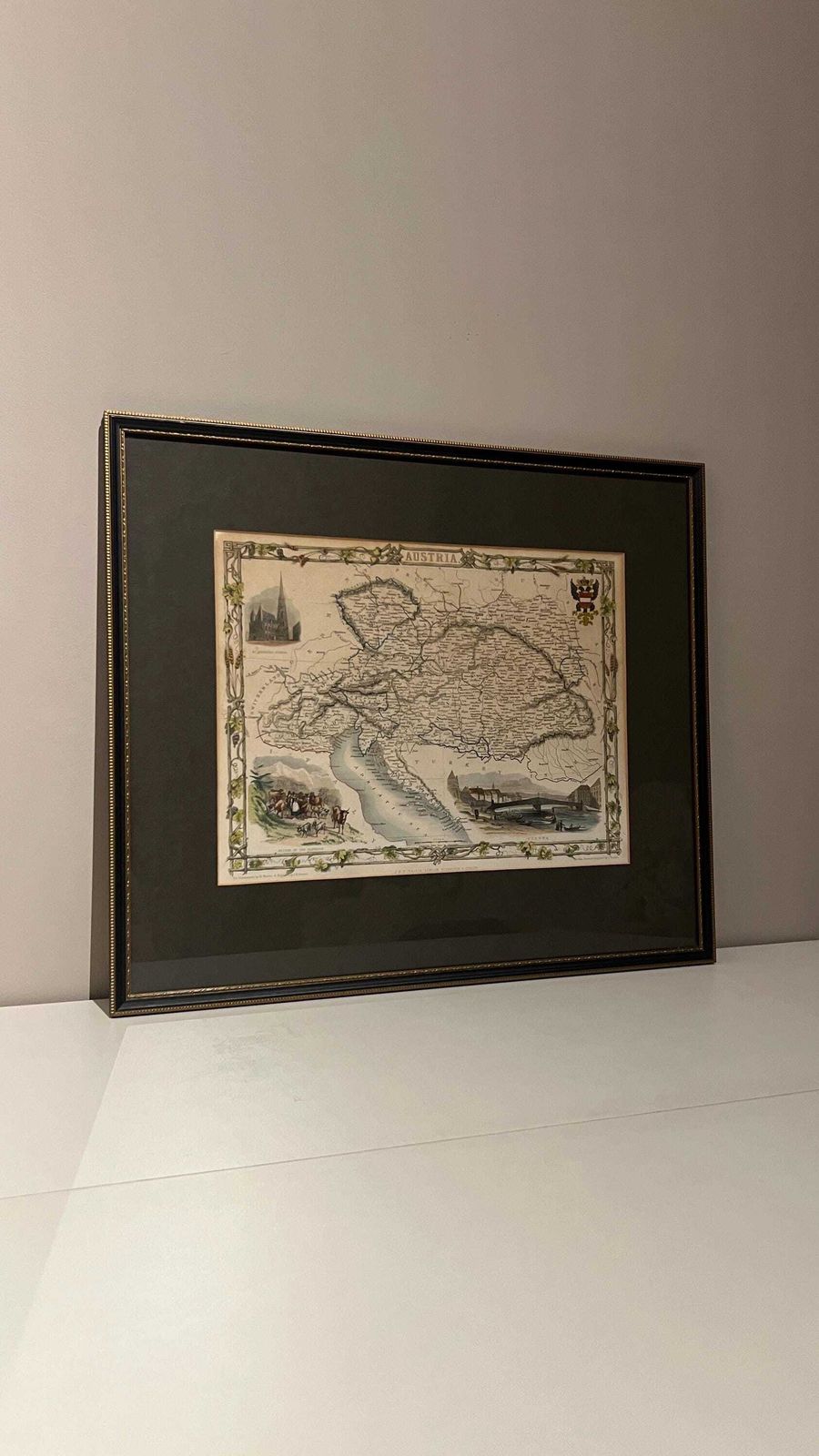 Antique Hand Coloured Austria Picture Map By J. Rapkin 1851, Framed Vintage Wall Art