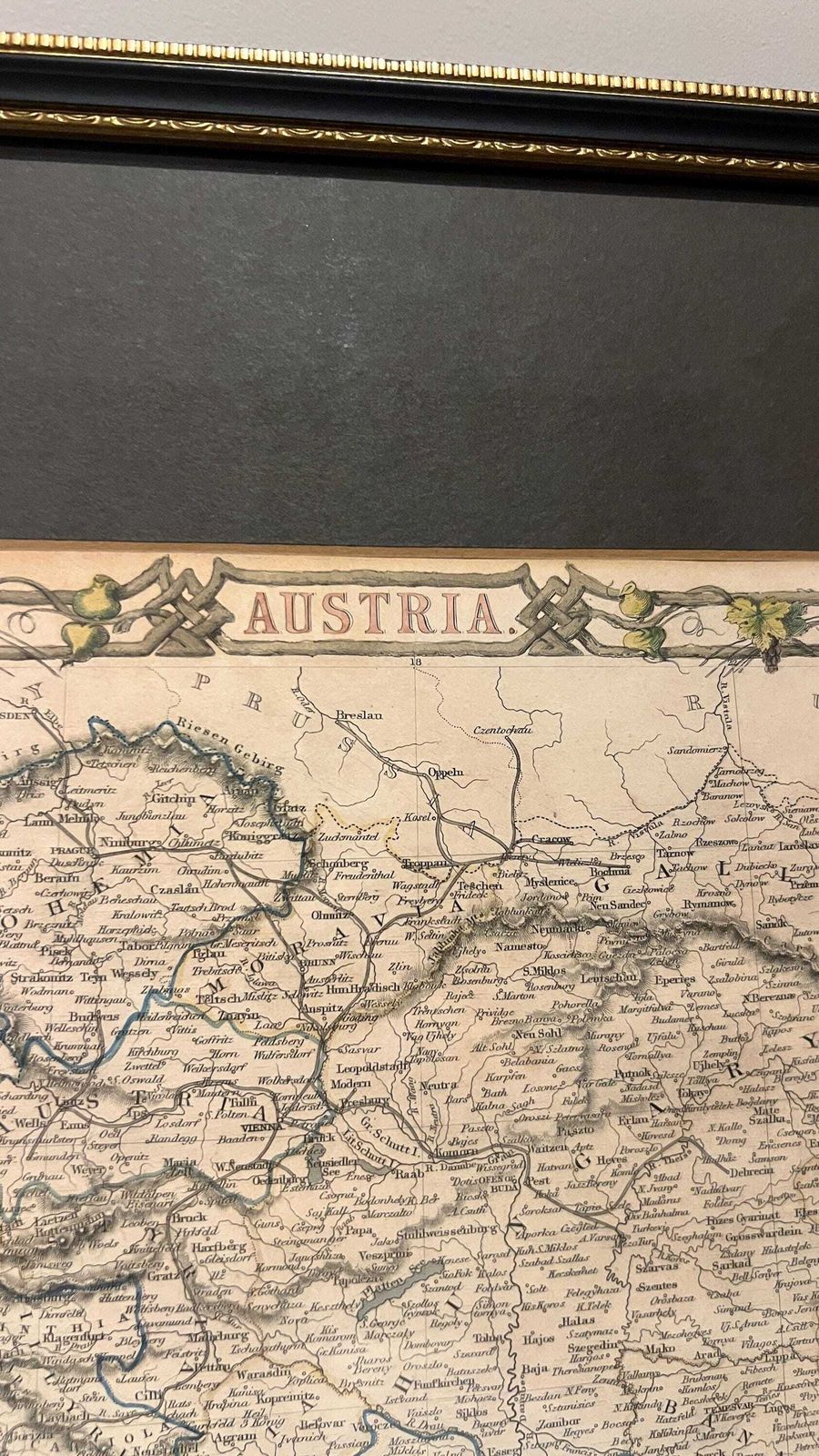 Antique Hand Coloured Austria Picture Map By J. Rapkin 1851, Framed Vintage Wall Art photo for sale