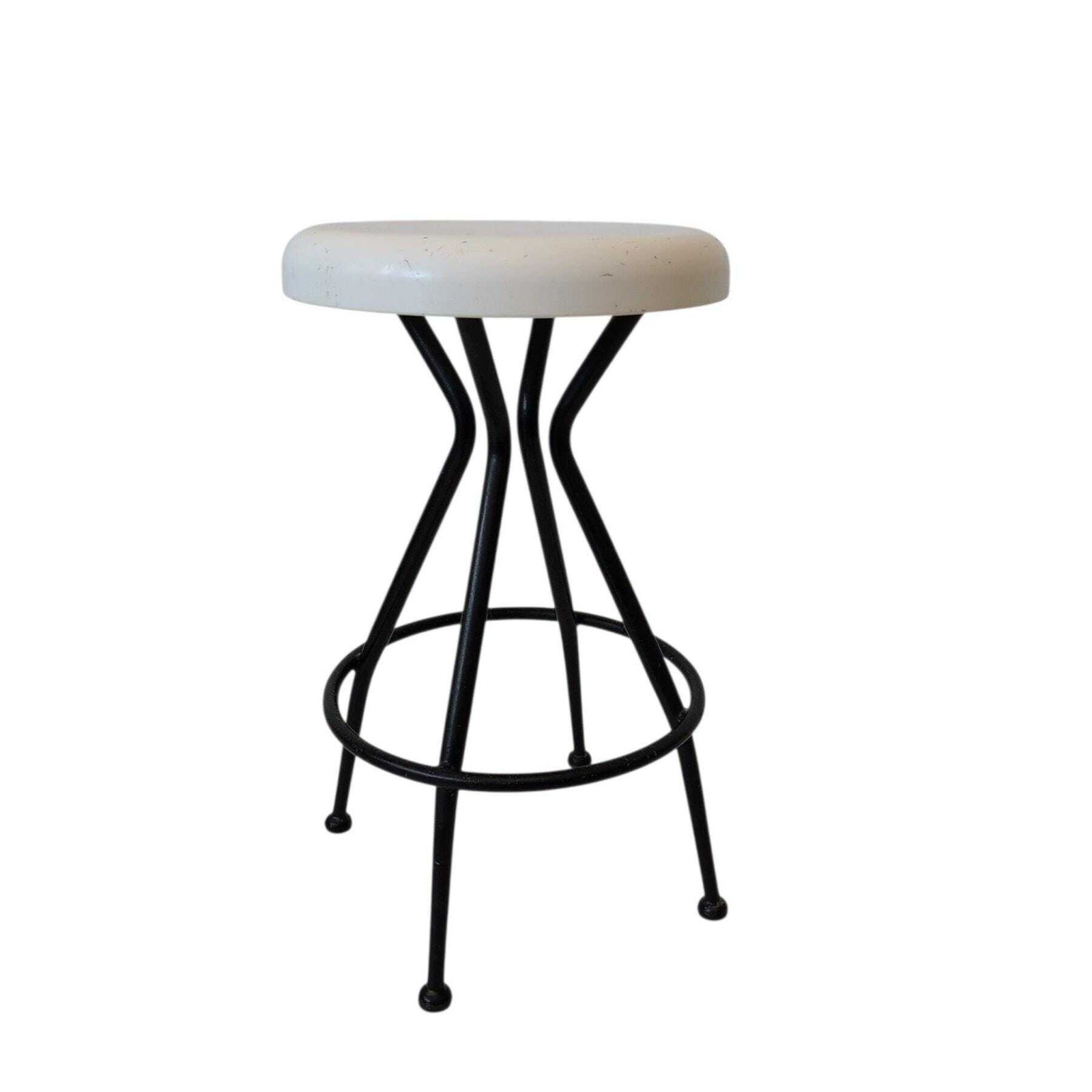 Vintage Mid Century Italian Bar Stool — Black Metal Frame And Plastic White Seat