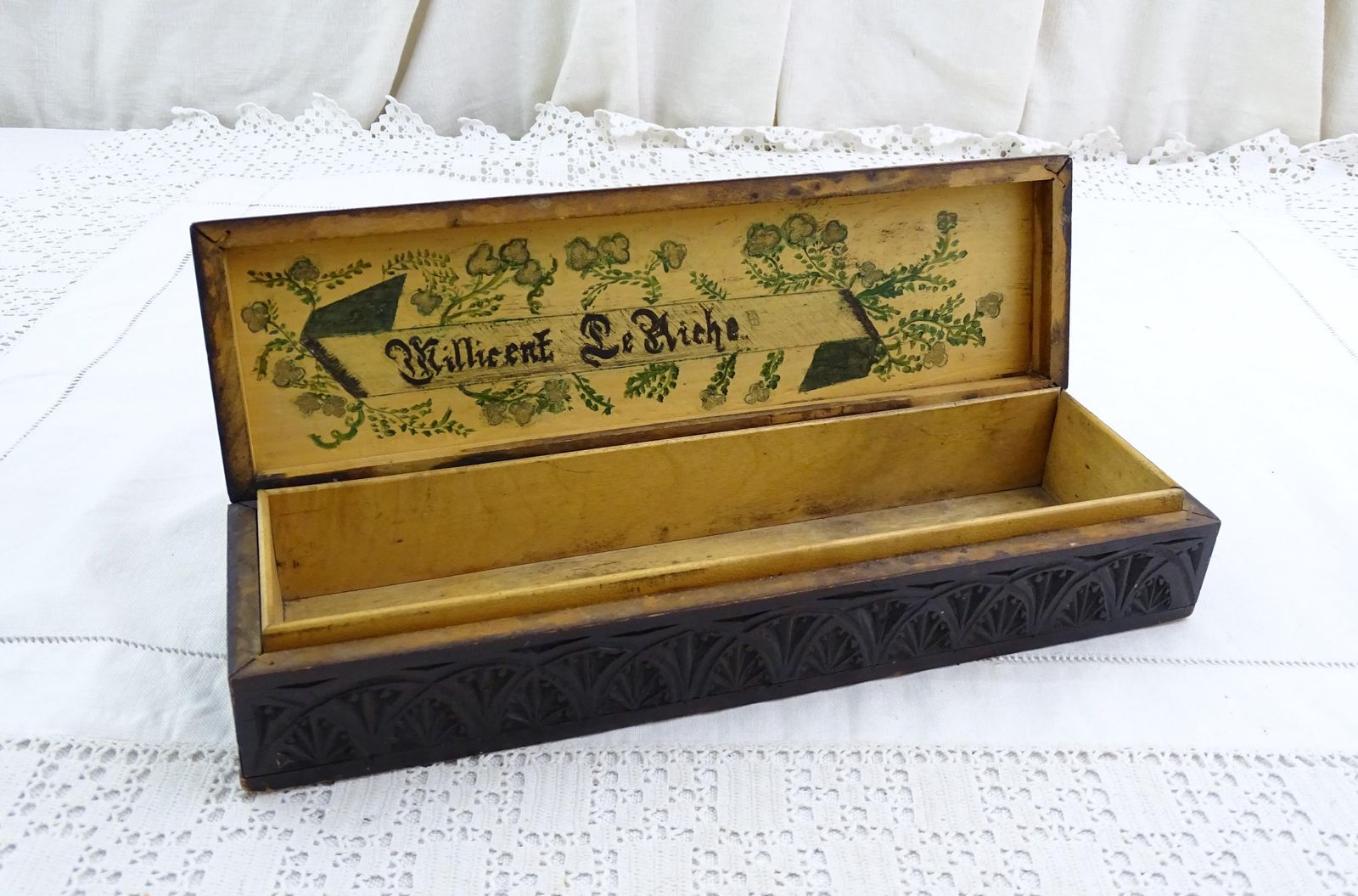Antique English Wooden Chip Carved Rectangular Glove Box Once Belonging To Hillirent Leriche, Retro Victorian Gothic Revival Casket England photo furniture