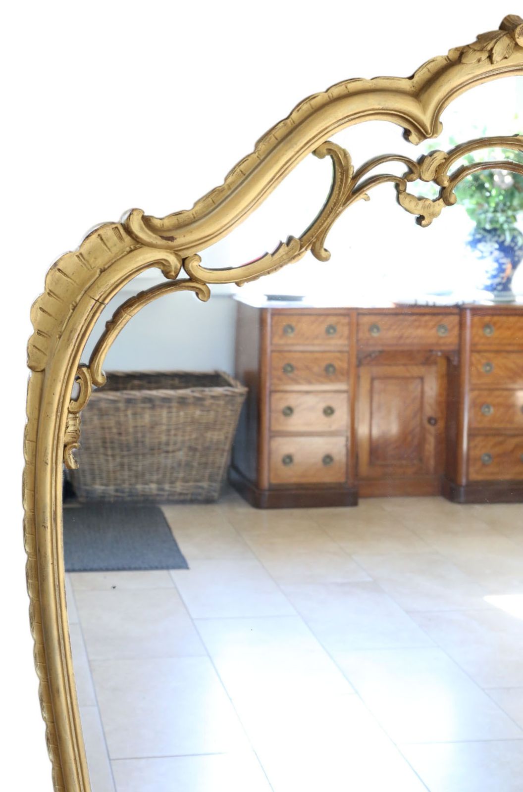 Large C1920 Antique Giltwood Overmantel Wall Mirror – Ornate Gold Frame, Statement Piece photo for sale