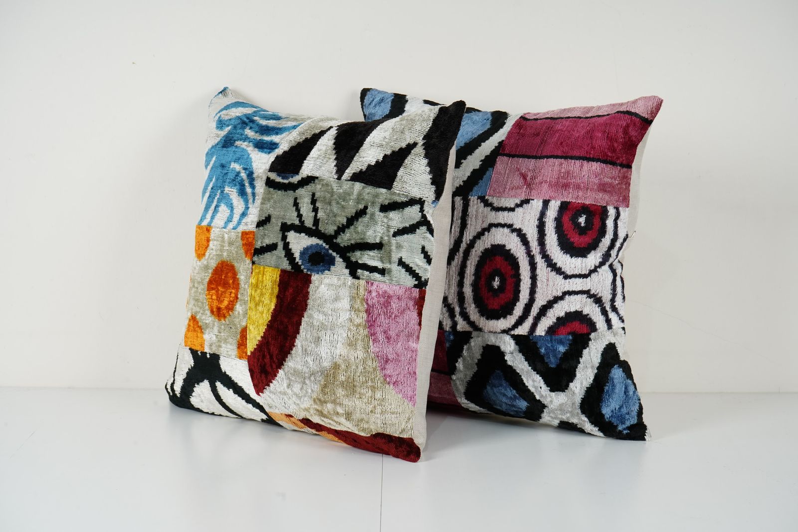 Ikat Velvet Patchwork Pillow   Pair Unusual Silk Uzbek Pillow   Set Of Two Tribal Cushion Cover photo 100.0
