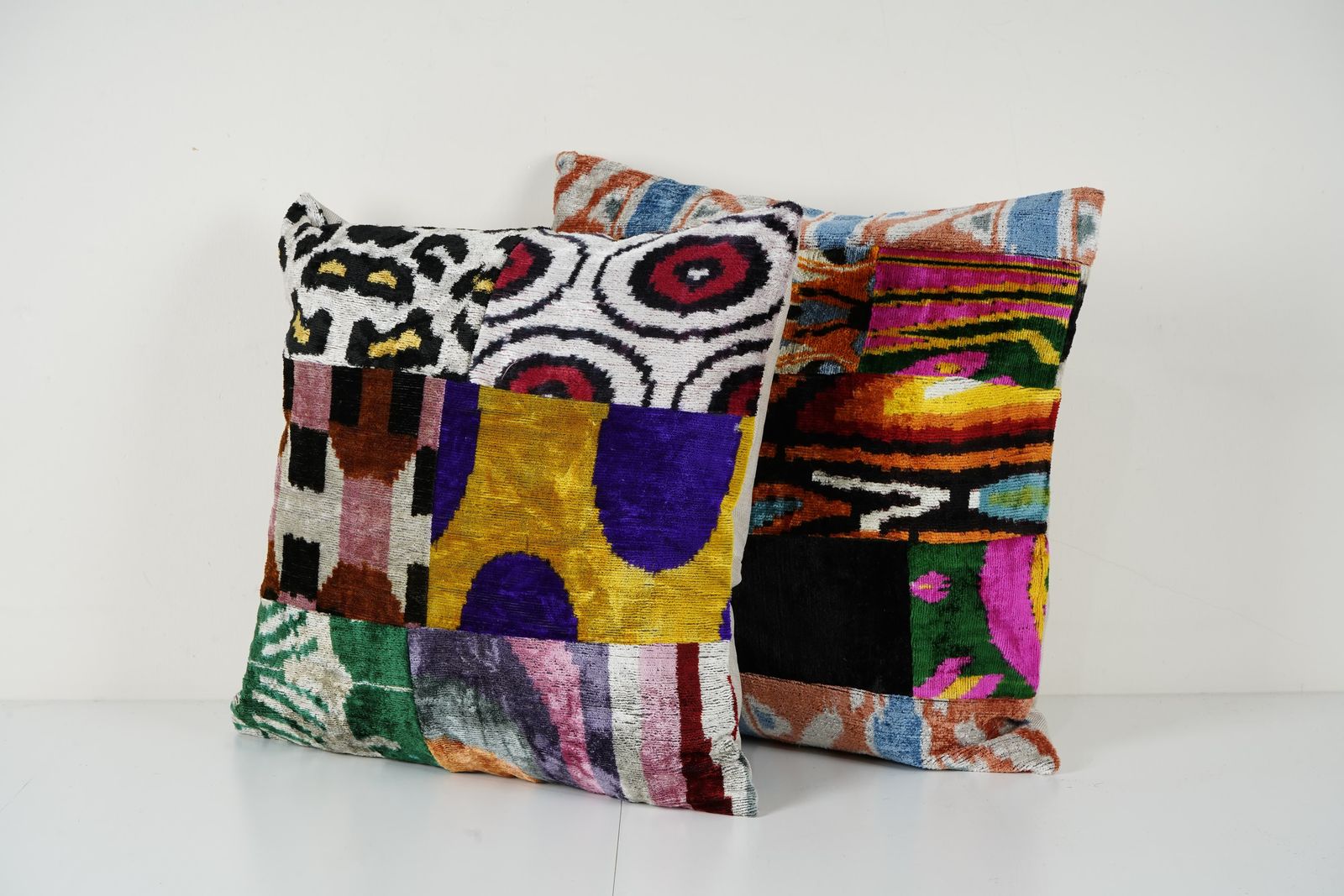 Ikat Velvet Patchwork Pillow   Pair Unusual Silk Uzbek Pillow   Set Of Two Tribal Cushion Cover photo for sale