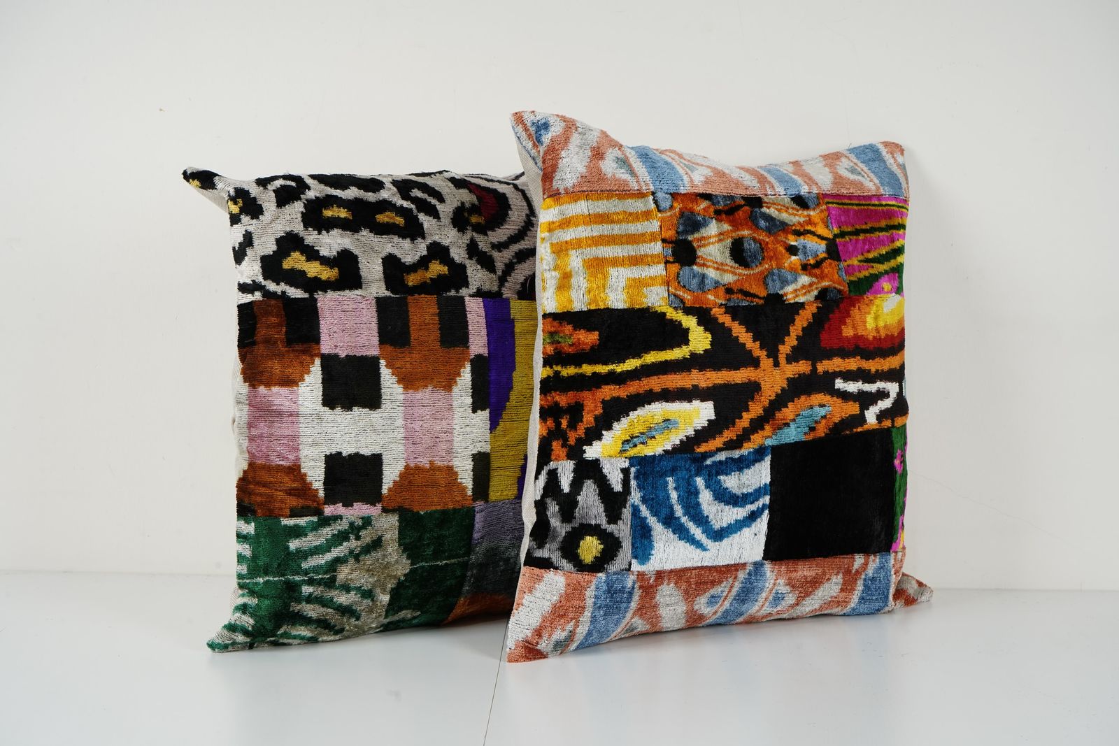 Ikat Velvet Patchwork Pillow   Pair Unusual Silk Uzbek Pillow   Set Of Two Tribal Cushion Cover photo Textiles