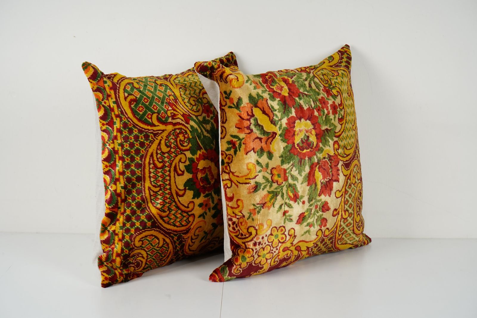 Vintage Velvet Pillow Covers Set Of 2, Red & Yellow Floral Pattern, Soft Decorative Throw Pillow Cases photo for sale