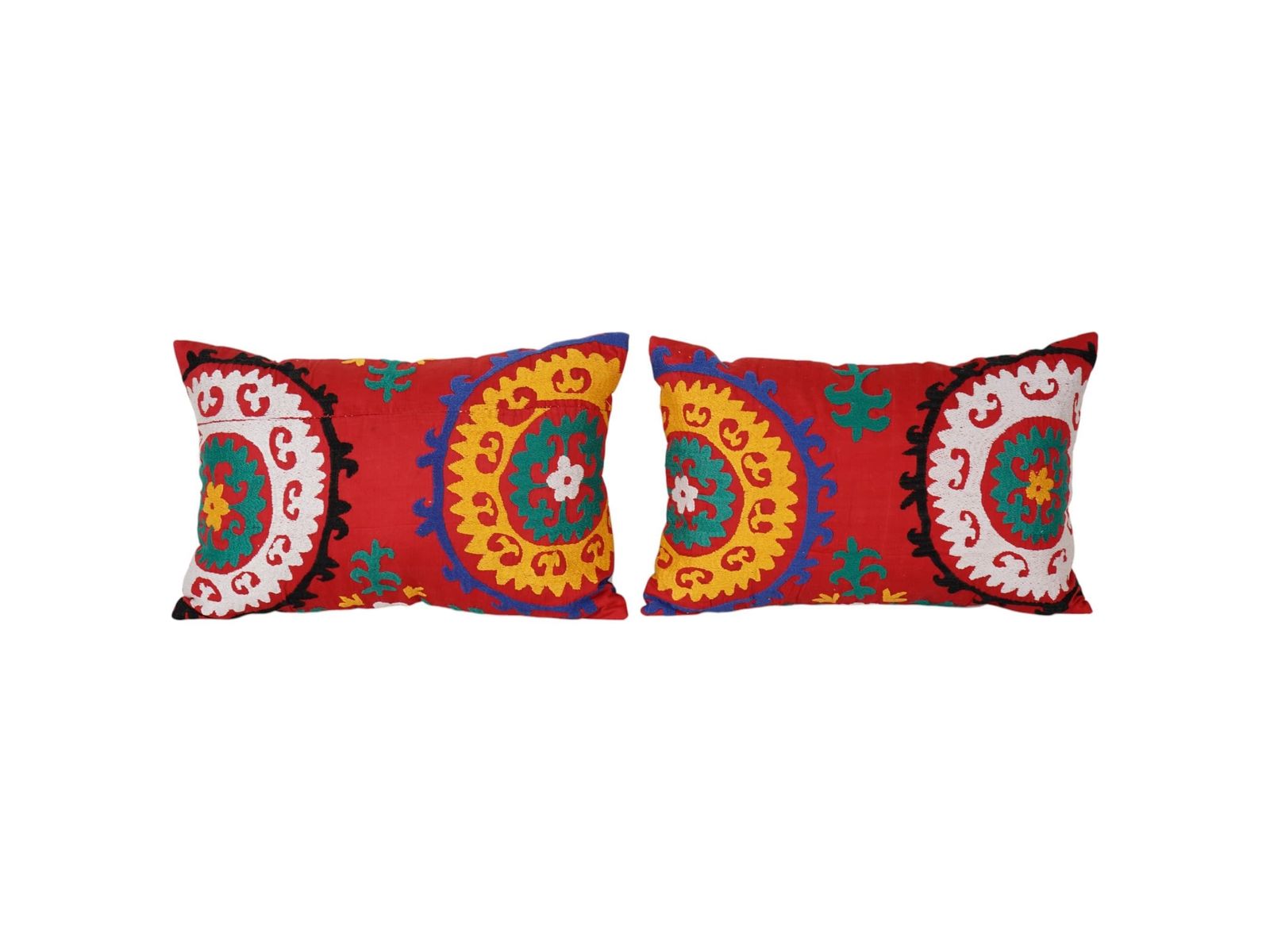 Set Of Two Uzbek Faded Red And Yellow Suzani Cushion Cover, Pair Suzani Pillow Case Made From A 19th Century Suzani