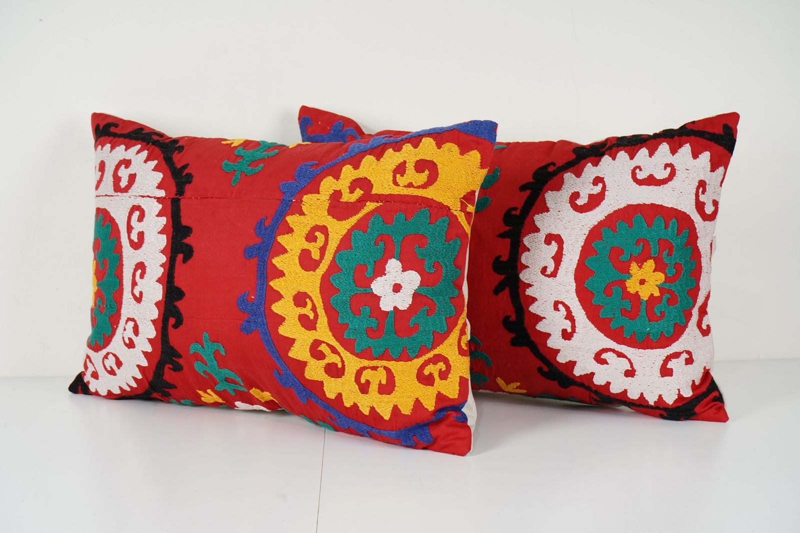 Set Of Two Uzbek Faded Red And Yellow Suzani Cushion Cover, Pair Suzani Pillow Case Made From A 19th Century Suzani photo Textiles