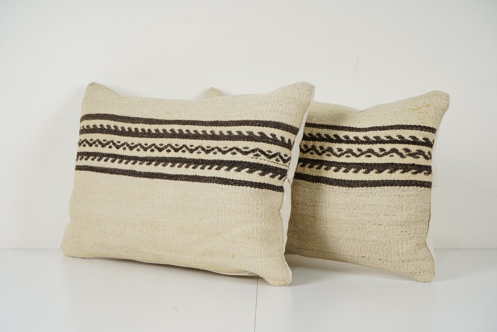 Hemp Turkish Kilim Pillow Set Of 2, Vintage Neutral Organic Sisal Lumbar Pillows photo for sale