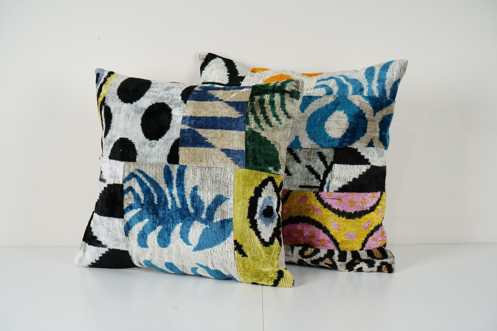 Ikat Velvet Patchwork Pillow   Pair Unusual Silk Uzbek Pillow   Set Of Two Tribal Cushion Cover photo for sale