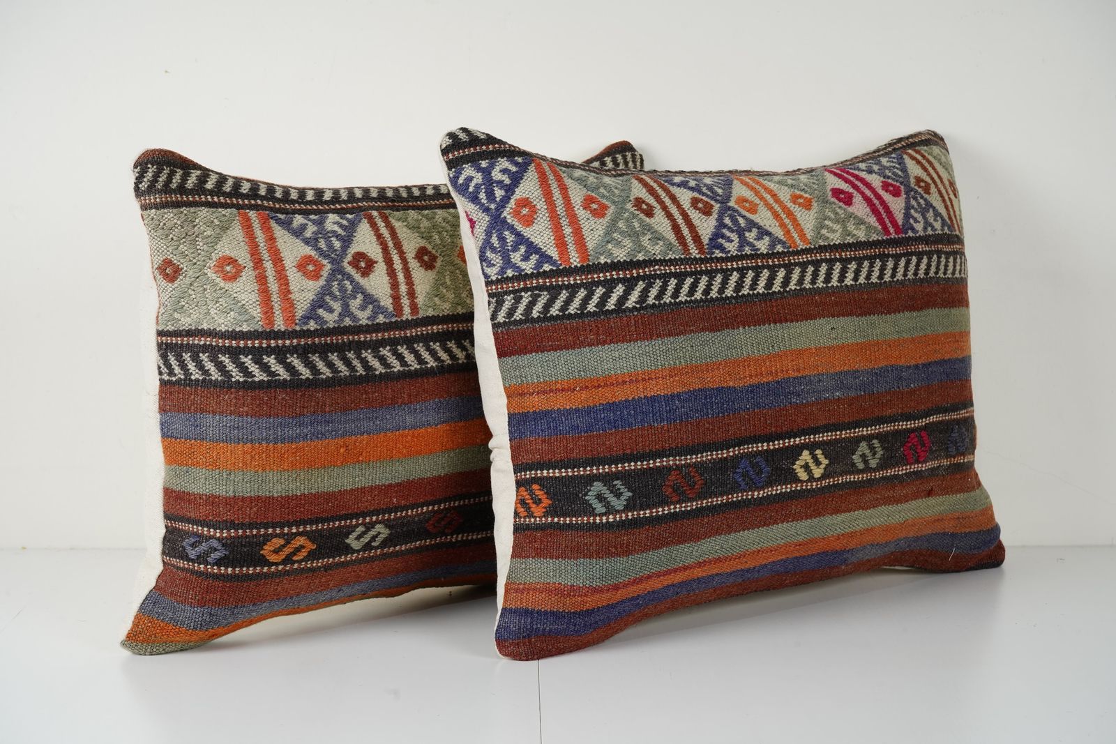Turkish Lumbar Pillows, Pair Vintage Striped Kilim Pillowcase, Decorative Throw Cushion For Sofa, Boho Home Decor Gift photo furniture