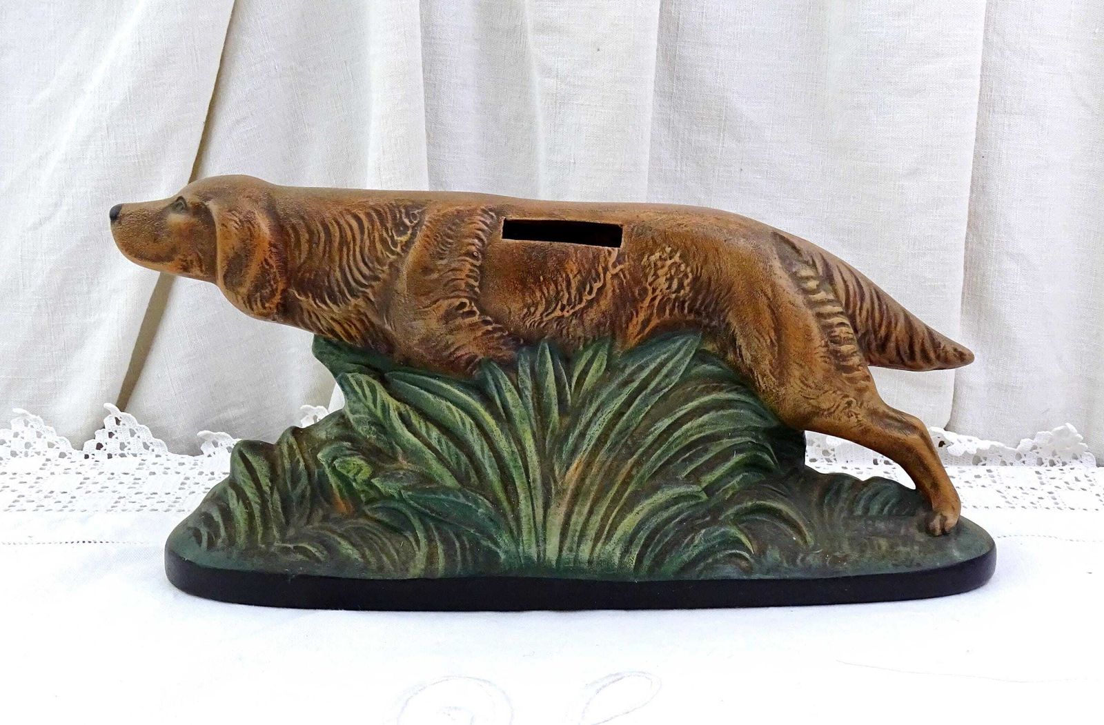 Vintage Pottery Hunting Dog Breakable Piggy Bank Cash Safe, Retro Irish Setter Ceramic Statue From France, Collectible Hunting Lodge Décor photo furniture