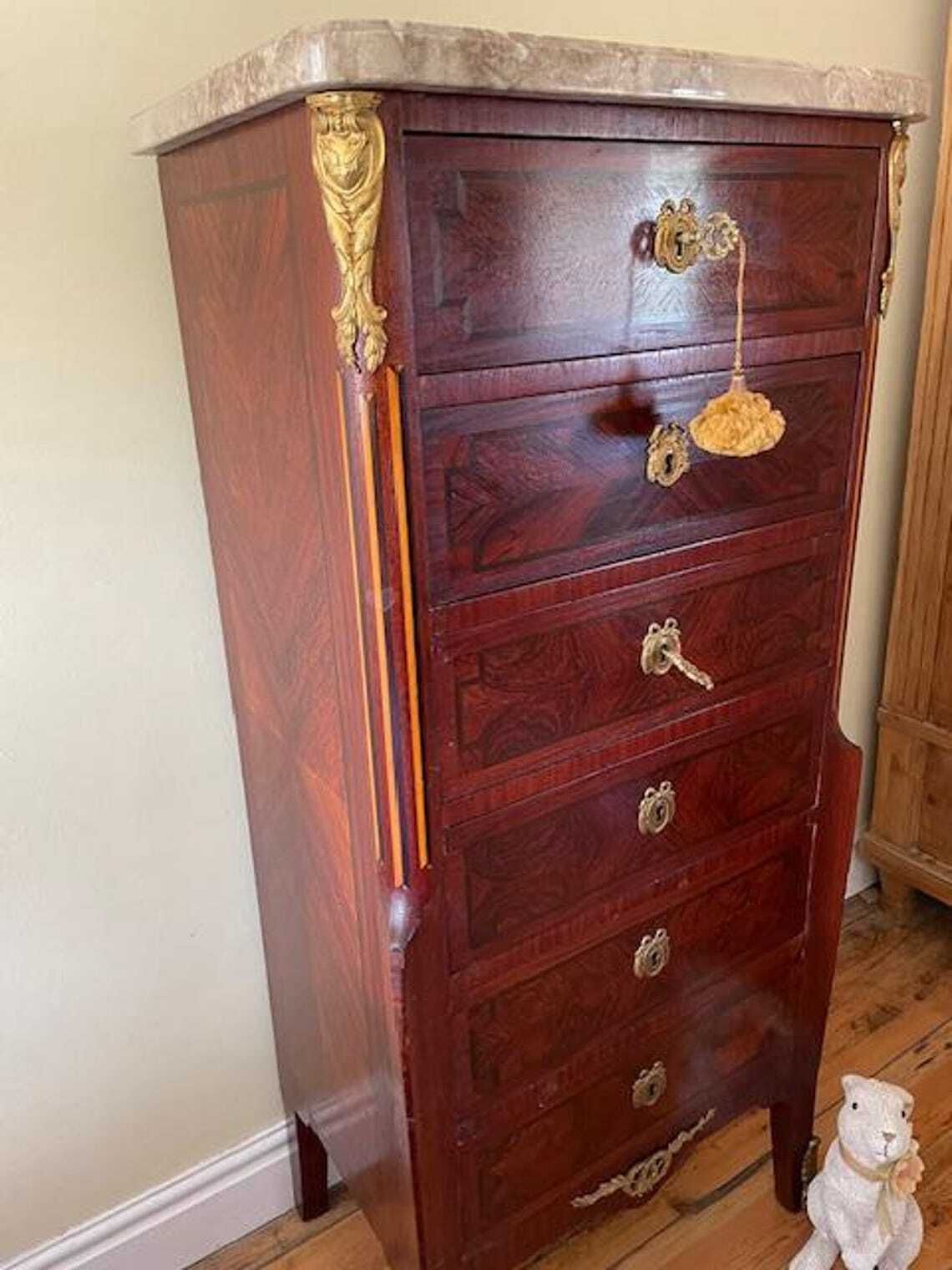 Kingwood French Chiffonier Six Drawer Marble Topped Chest Of Drawers photo furniture