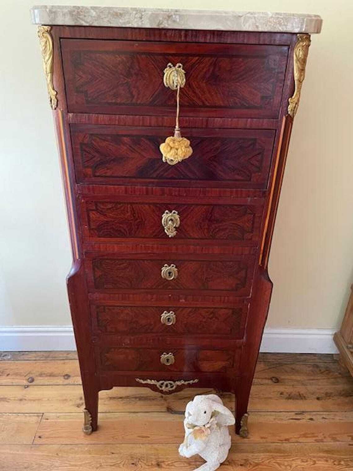 Kingwood French Chiffonier Six Drawer Marble Topped Chest Of Drawers photo vinterior