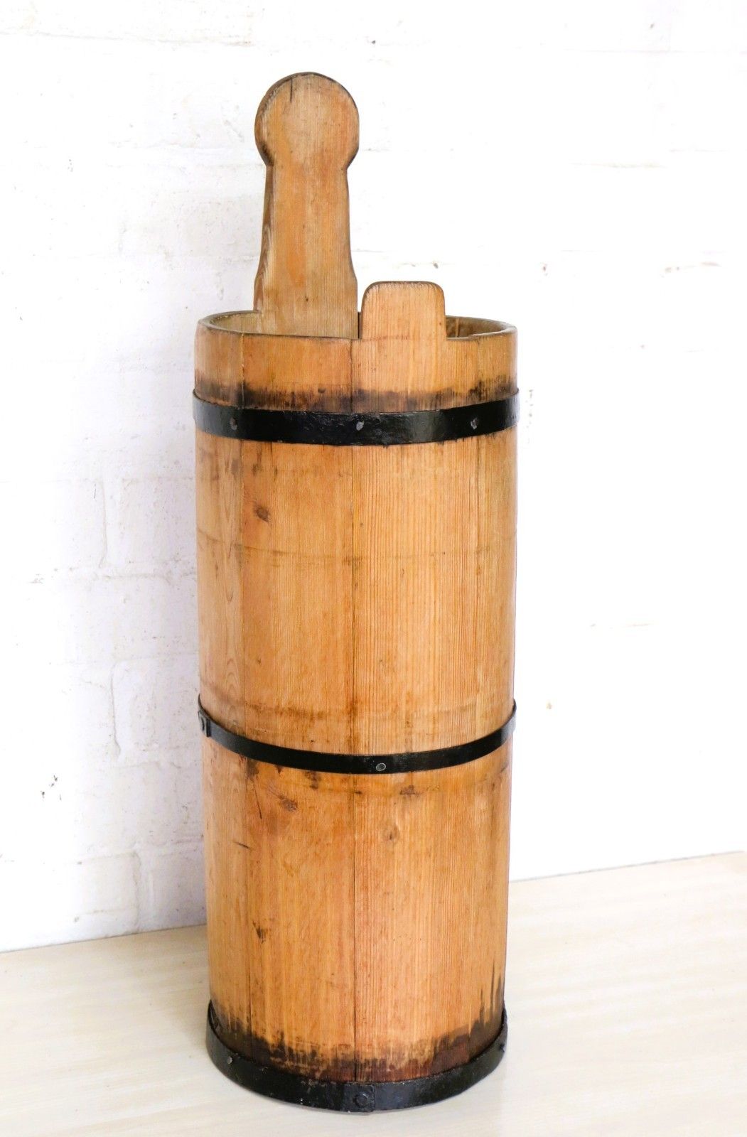 Antique Wooden Butter Churn English Steel Coopered Decorative Wooden Stick Stand photo for sale