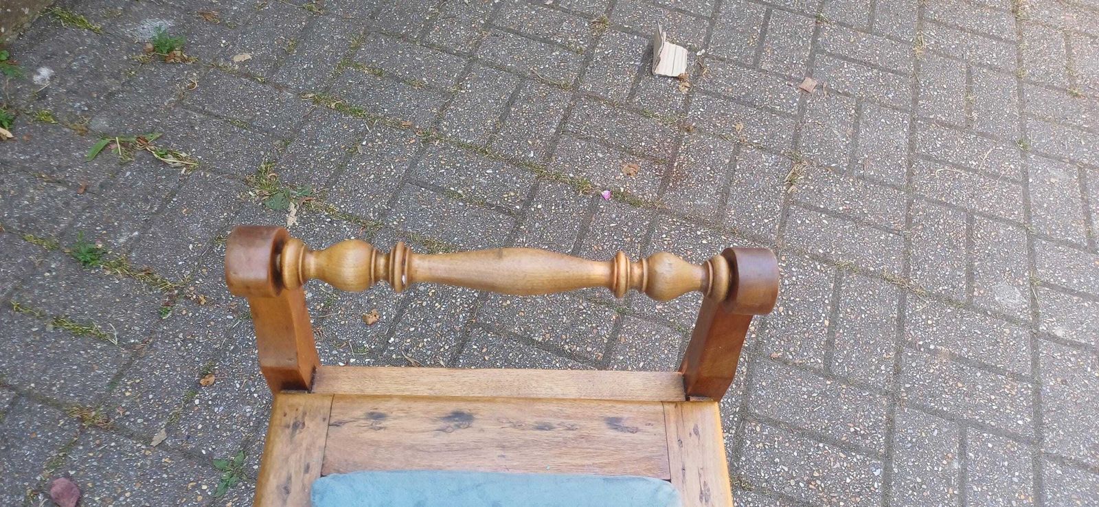 photo for sale Vintage Mahogany Upholstered Piano Stool Dressing Table Stool Blue Suede Seat Storage Antique Hall Seat Hand Stripped Unique Vanity Seating