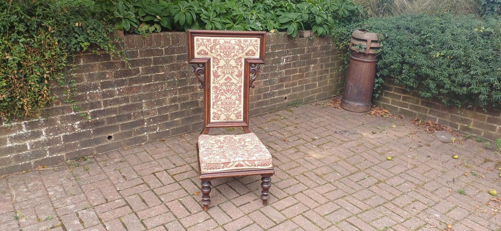 Antique Victorian Aesthetic Movement Nursing Chair With Ornate Carved Scrolls & T Shaped Upholstered Back C1870s Mahogany photo vintage