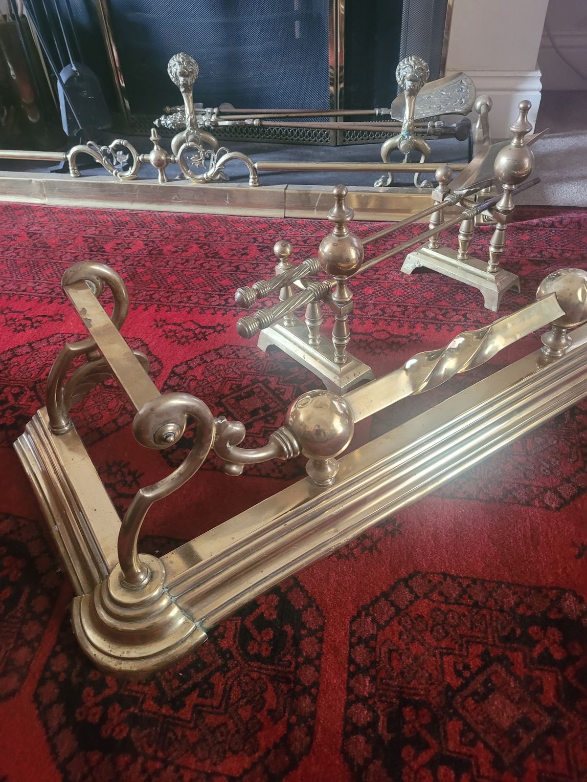 Art Nouveau Brass Fire Fender With Andirons Shovel And Poker