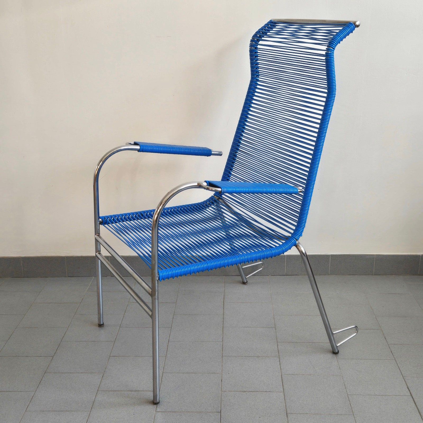 Vintage 1960s Blue Wire & Chrome Steel Scoubidou Armchair 60s Retro 1960s Zazou photo furniture