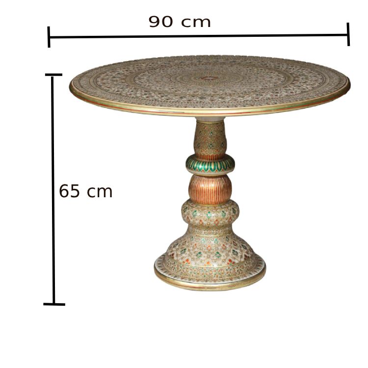 Vintage Indian Hand Painted Marble Coffee Table | Rajasthani Design With Gemstone Inlay | 1970s (Large Size) photo Furniture