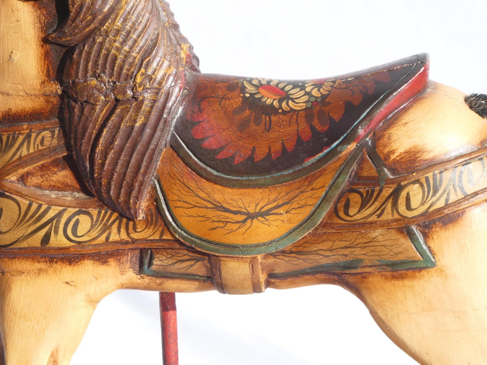 Wood Carved Rocking Horse With Glass Eyes, Carousel Horse With Floral Painted Details, Old Animal Toy On Wheels, Art Object photo for sale
