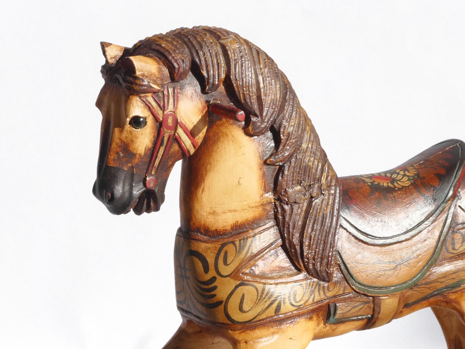 Wood Carved Rocking Horse With Glass Eyes, Carousel Horse With Floral Painted Details, Old Animal Toy On Wheels, Art Object photo Home Decor