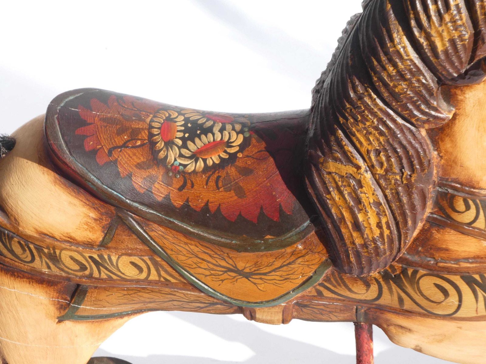 Wood Carved Rocking Horse With Glass Eyes, Carousel Horse With Floral Painted Details, Old Animal Toy On Wheels, Art Object photo 537.0