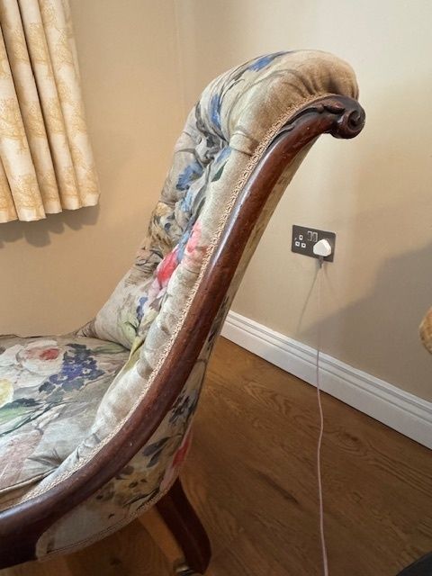 1880's Antique Chair Renovated And Upholstered With Matching Upholstered Footstool photo furniture