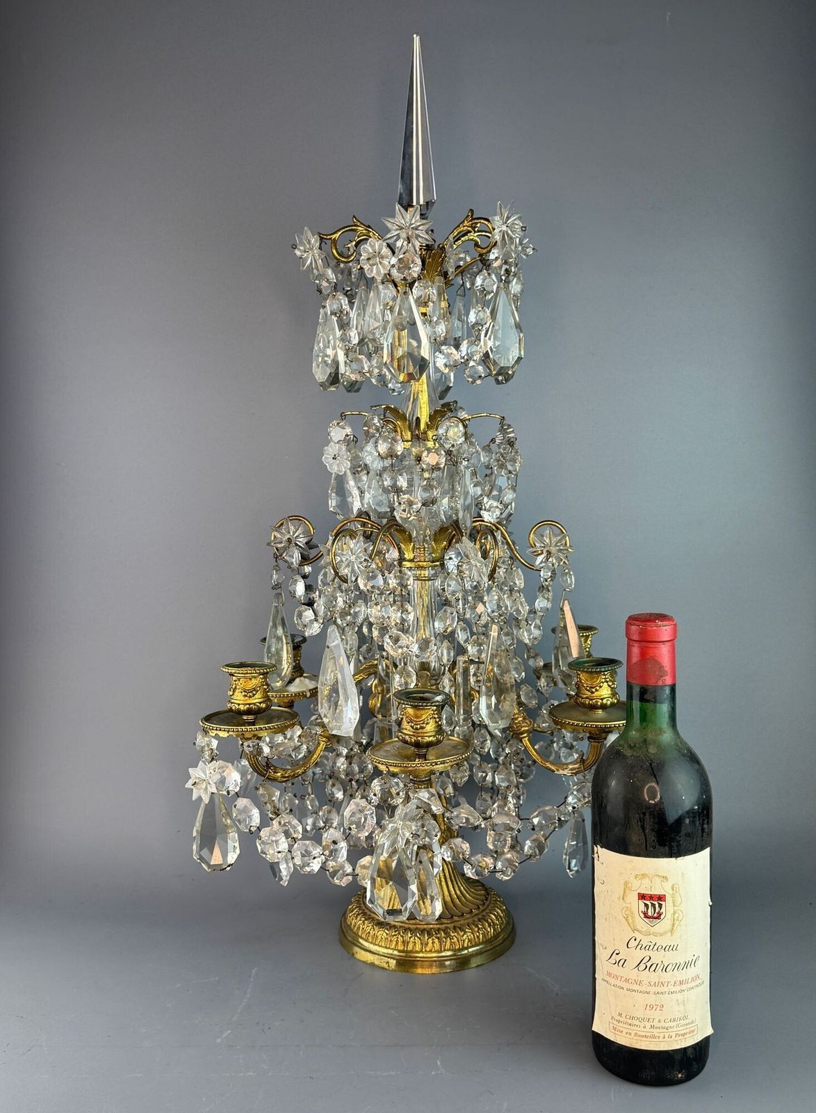 Large French Gilt Brass Table Lustre Candelabra Hung With Cut Glass Drops photo Lighting